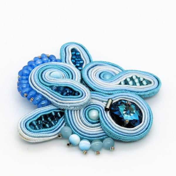 Blue Soutache Brooch Crystal Beaded Handmade Statement Pin Gift