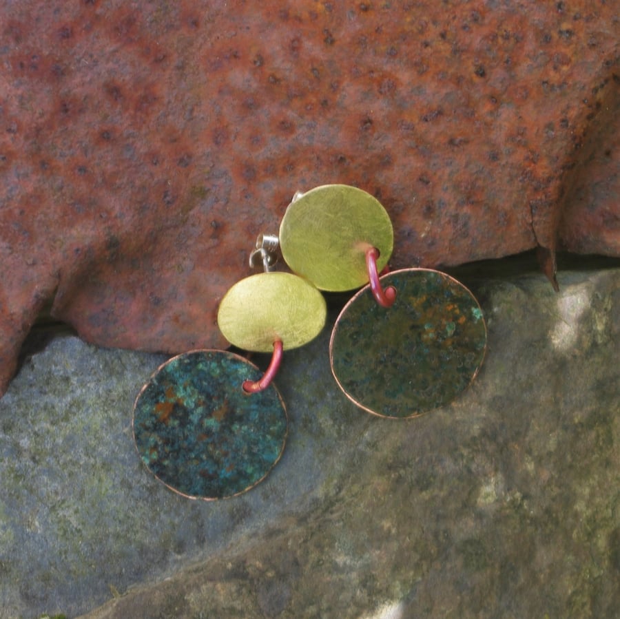 Brass and Large Verdigris Circles Statement Earrings 