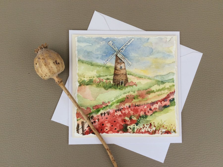Original watercolour painted card of windmill and poppies