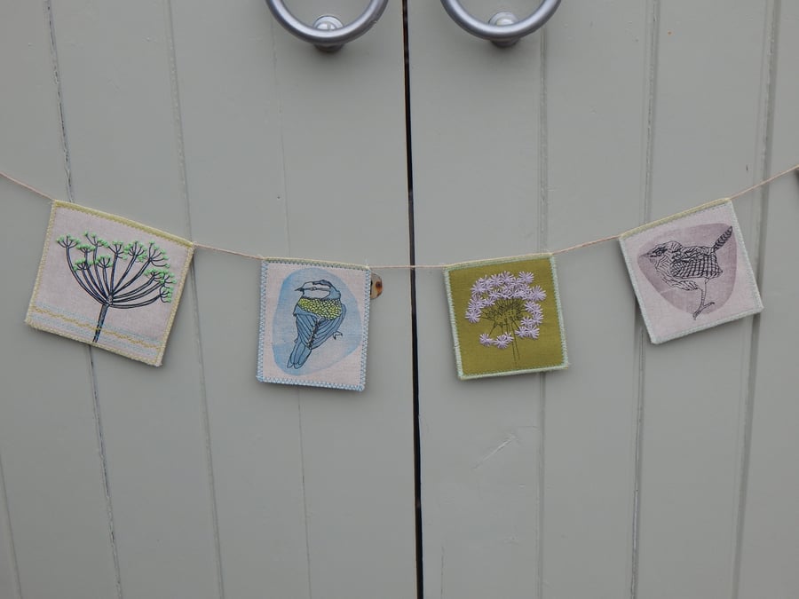 Bird and wild flower screen printed bunting or wall hanging -120cm