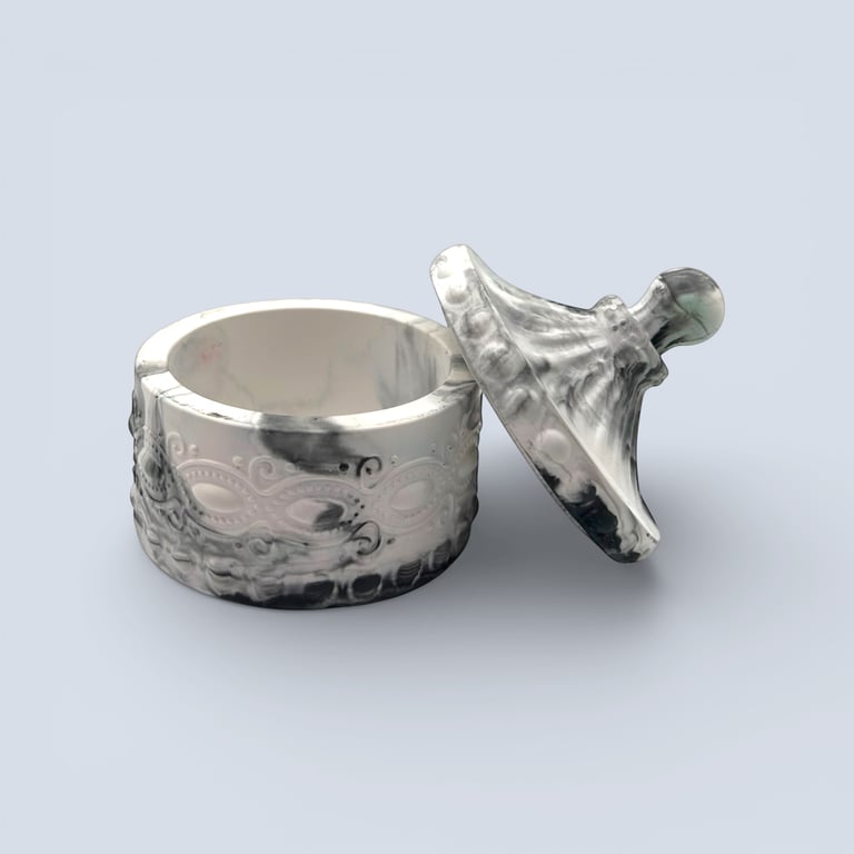 Grey Marble Effect Jewellery Box 8 cm Embossed Lidded Trinket Pot