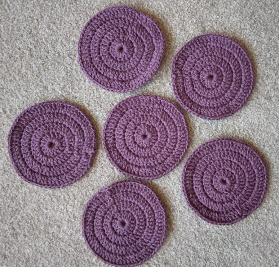 Crochet Coasters, set of 6, machine washable cotton, diameter 4 ins (10 Cm)