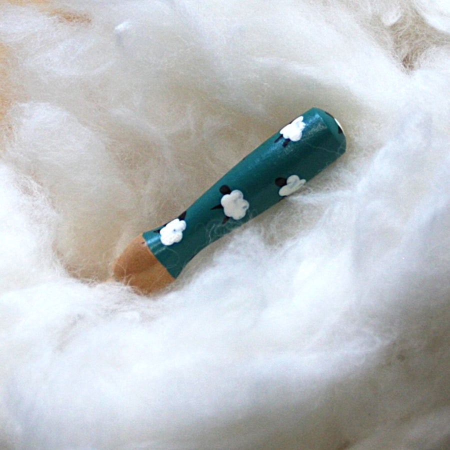  Hand painted wooden needle grip tool for needle felting with sheep design