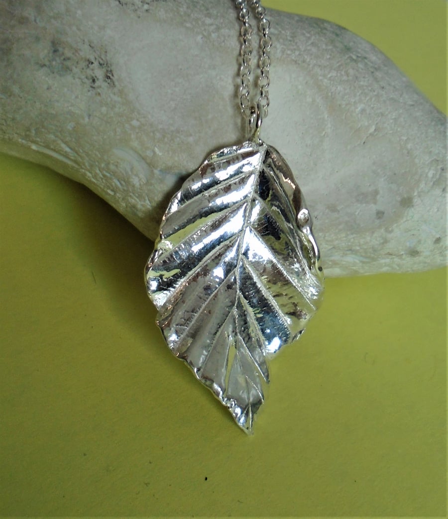 Fine silver beech leaf pendant
