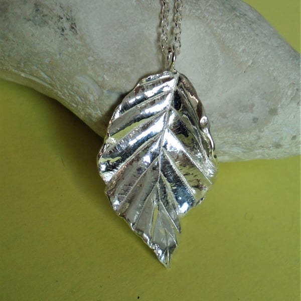 Fine silver beech leaf pendant