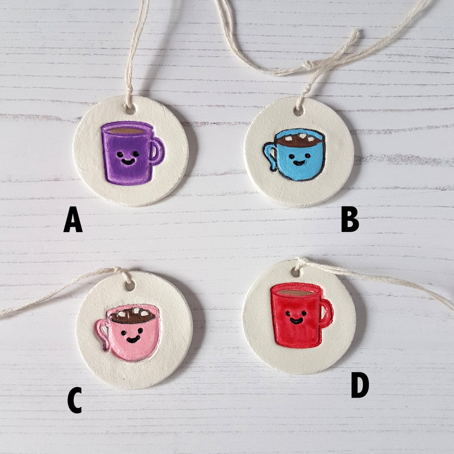 Coffee, tea, hot chocolate tag decorations, one supplied, choose your style