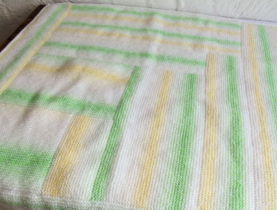 Hand knitted Log Cabin Style Cot Blanket, White Lemon Green, 31 x 28, hm125