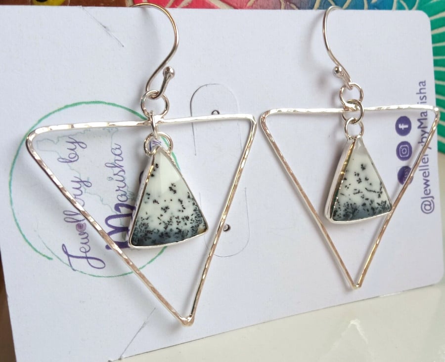 Handmade Dendritic Agate Fine & Sterling Silver Triangular Statement Earrings
