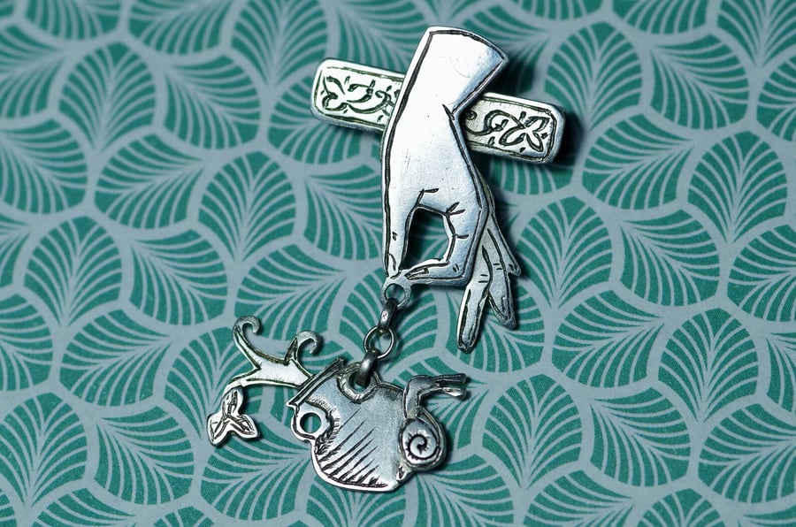 Medieval Hand, Snail, Ivy plant lapel pin - Handmade Sterling silver pin badge