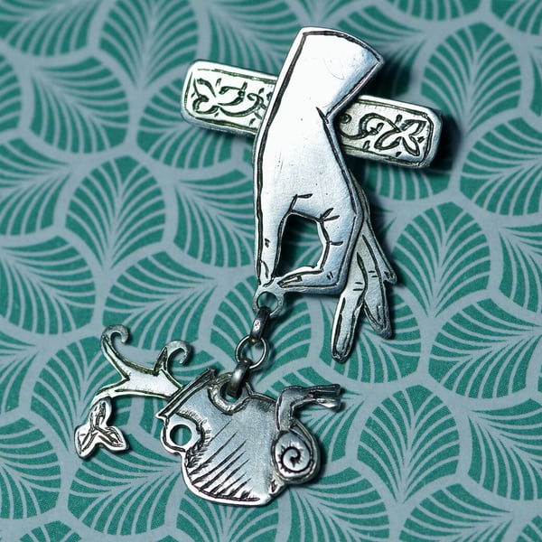 Medieval Hand, Snail, Ivy plant lapel pin - Handmade Sterling silver pin badge