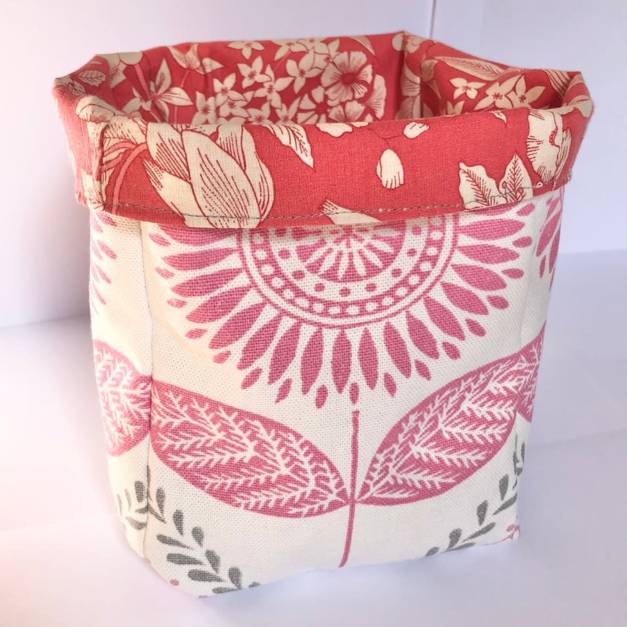 Pink and White Floral Fabric Storage Basket
