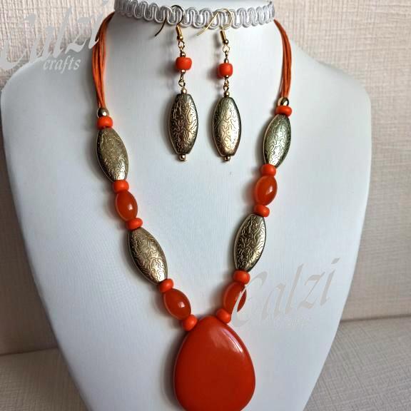 Orange And Gold Pendant Necklace And Matching Earrings
