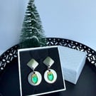 Stainless Steel Drop Earrings with Gold Coloured Wreath and Green Centre