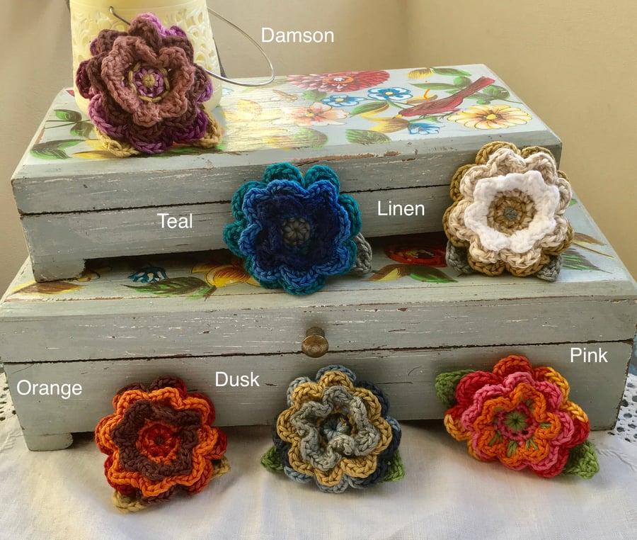 Crochet flower Brooch assorted colours available. FREE UK P &P. 