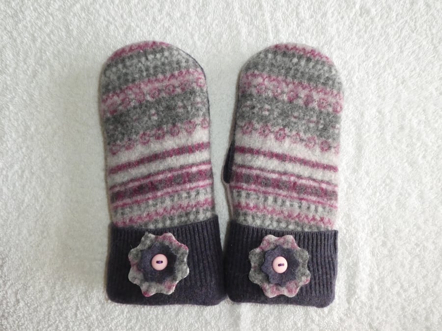 Mittens Created from Recycled Wool Jumpers. Fully Lined. Fair Isle Purple Cuff