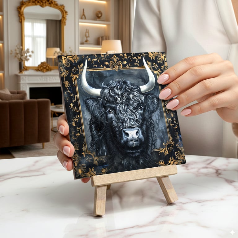 The Highland Cow Ceramic Tile Art On Easel - Gothic Home Decor - Room Decor