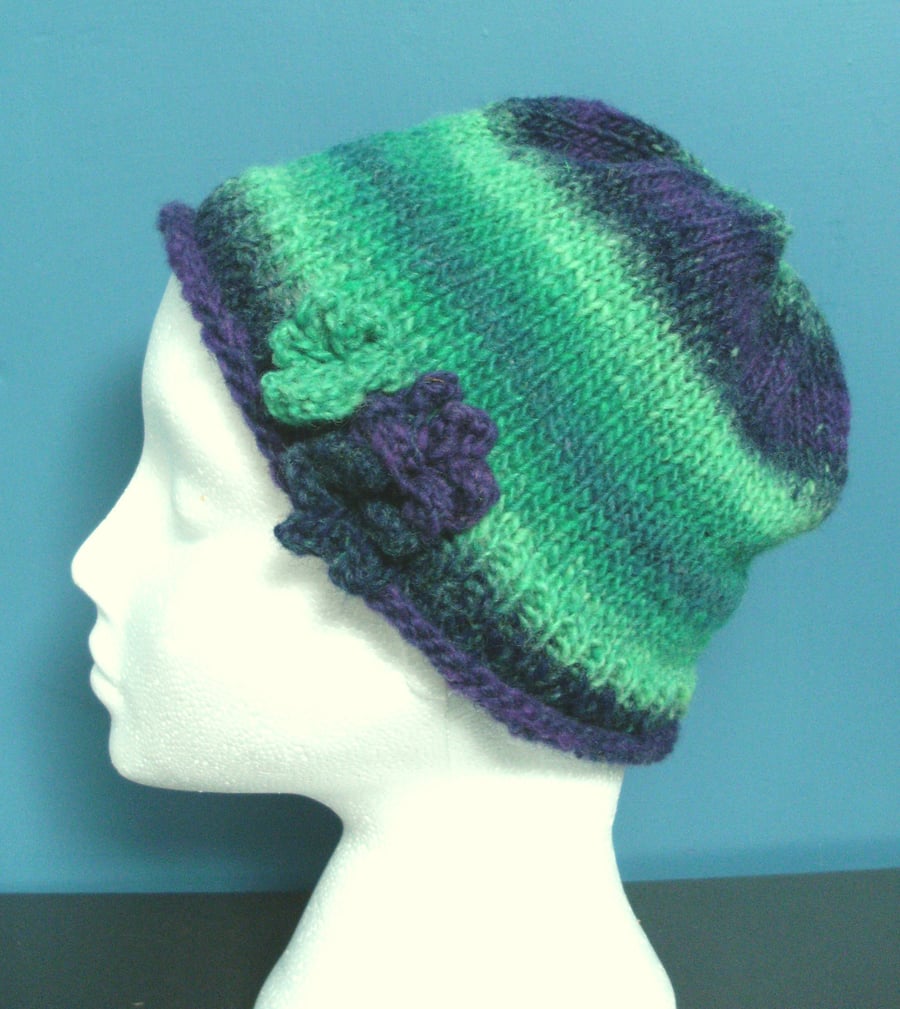 Handknit Noro 3-flowered Roll up Beanie Hat 100% wool Green, Blue, Purple, MED