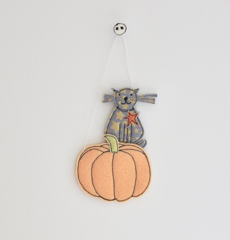 'Little Cat Sitting on a Pumpkin' - Hanging Decoration