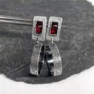 Oxidised textured silver and garnet stud earrings with hoop dangle