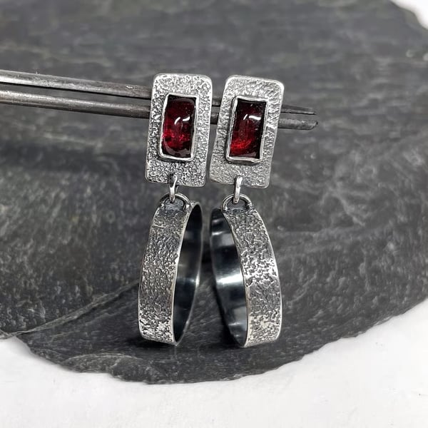 Oxidised textured silver and garnet stud earrings with hoop dangle