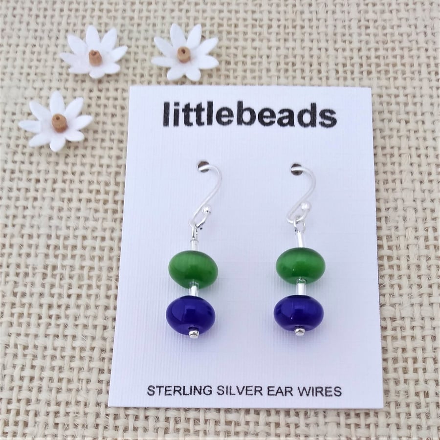 Blue and Green Cats Eye Beaded Sterling Silver Earrings