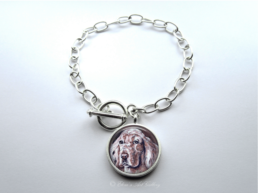 Silver Plated English Setter Dog Art Large Link Charm Bracelet With Toggle