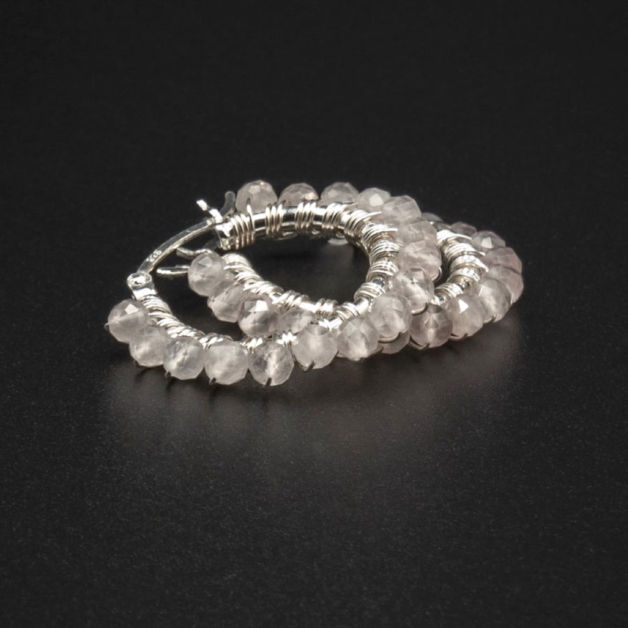 Rose quartz sterling silver gemstone hoop earrings, pale pink silver earrings.