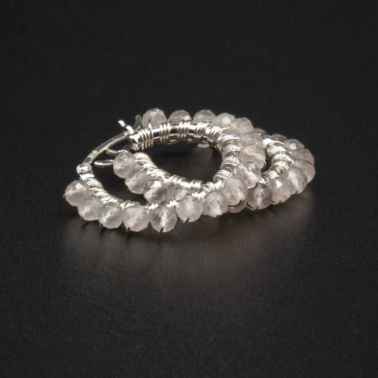 Rose quartz sterling silver gemstone hoop earrings, pale pink silver earrings.
