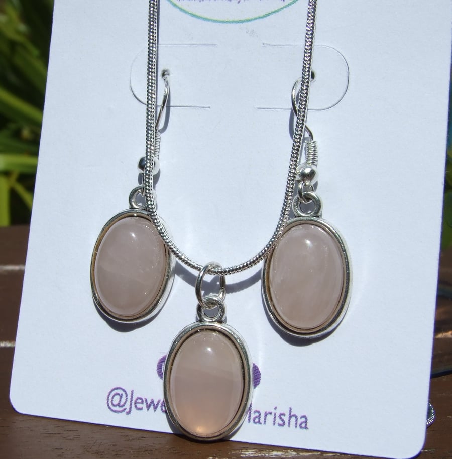 Pink Rose Quartz Reiki Healing Gemstone Oval Necklace & Earrings Gift Set