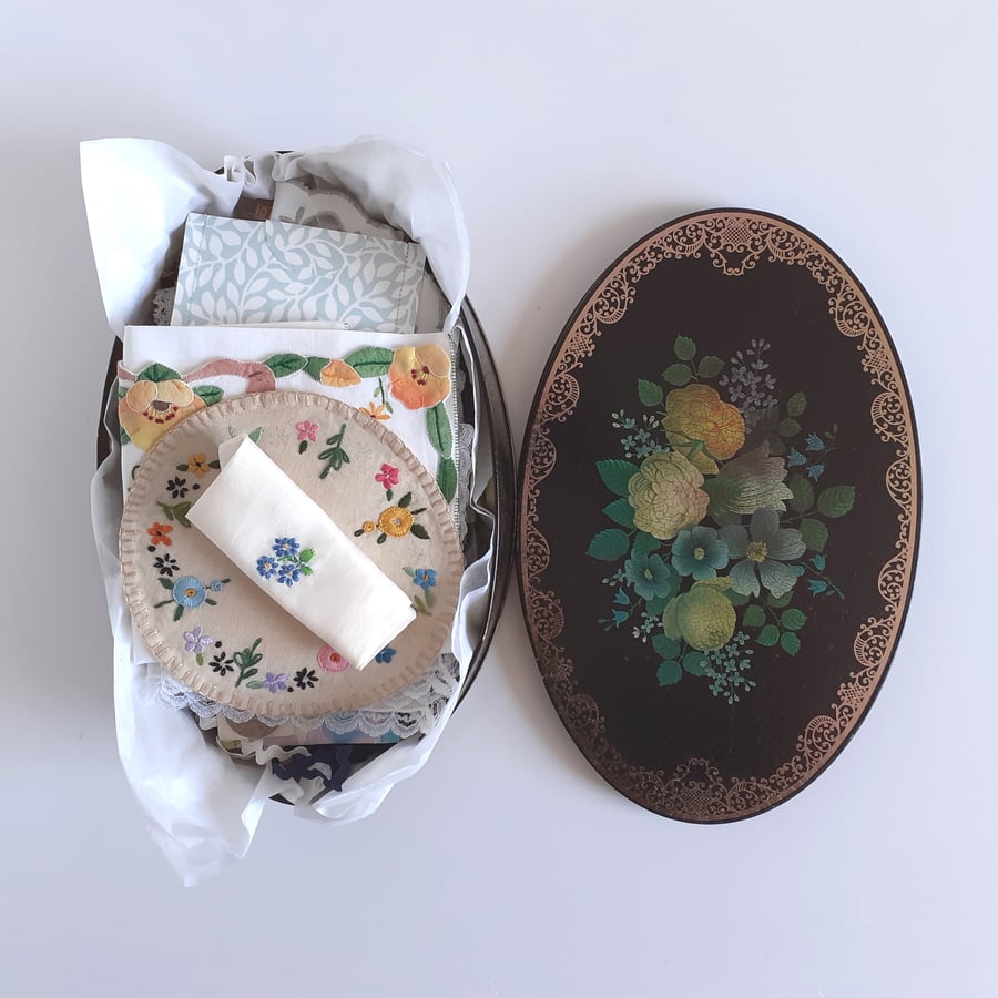 Beautiful bundle of vintage fabrics and haberdashery for sewing ideas in a tin