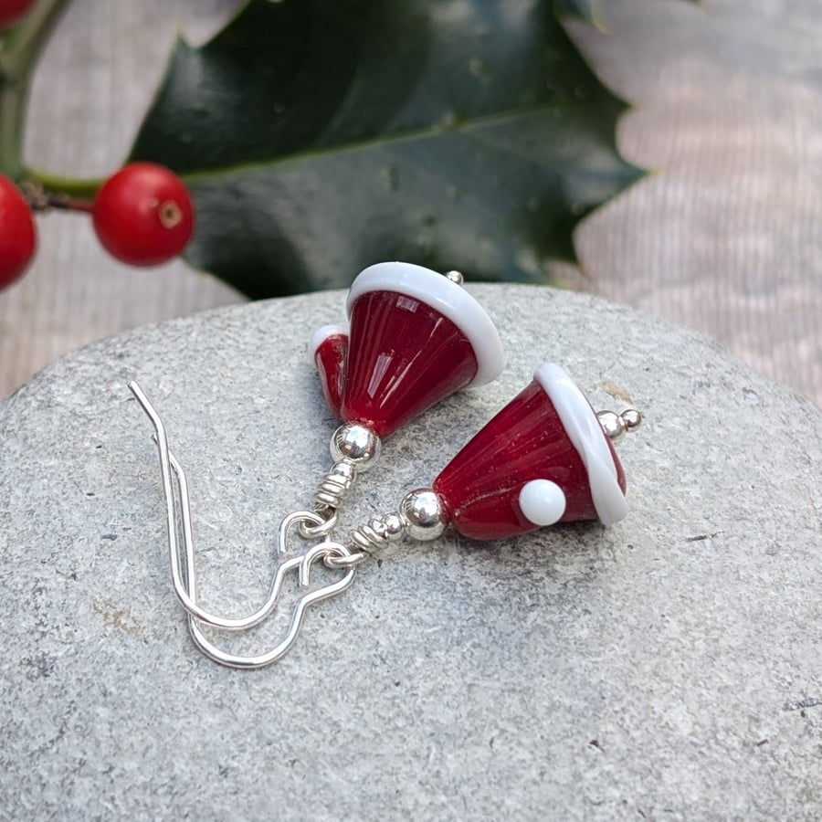 Silver Lampwork Christmas Hat Earrings