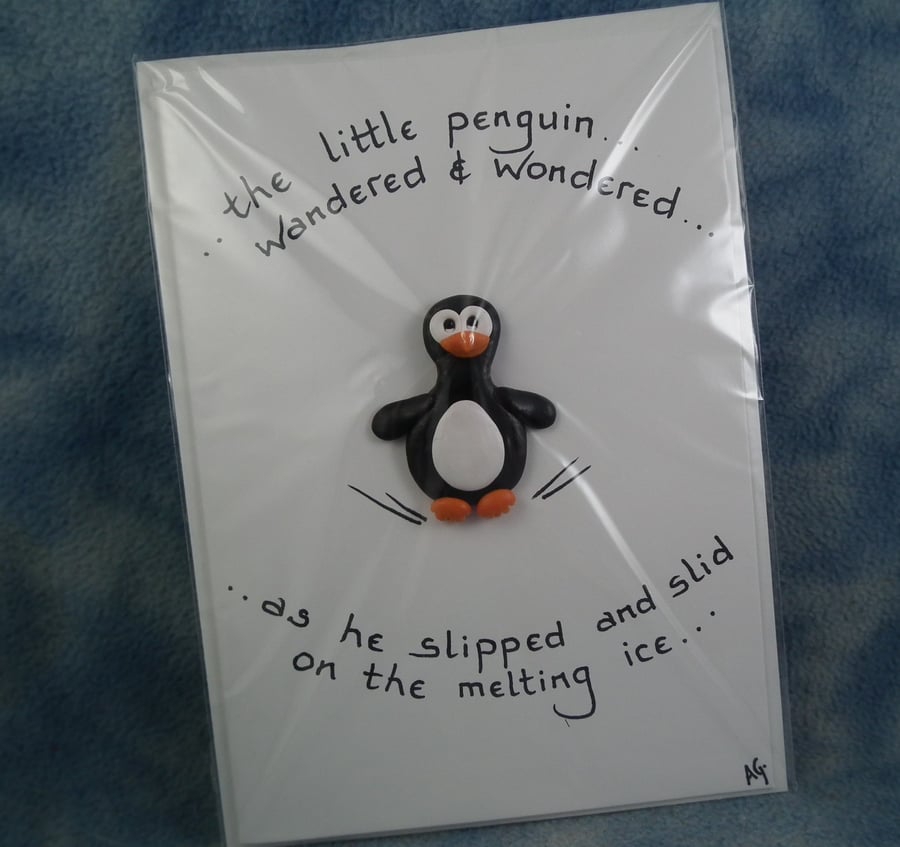 Spring Sale ... Handcrafted penguin card by Ann Galvin A5 5"x7"