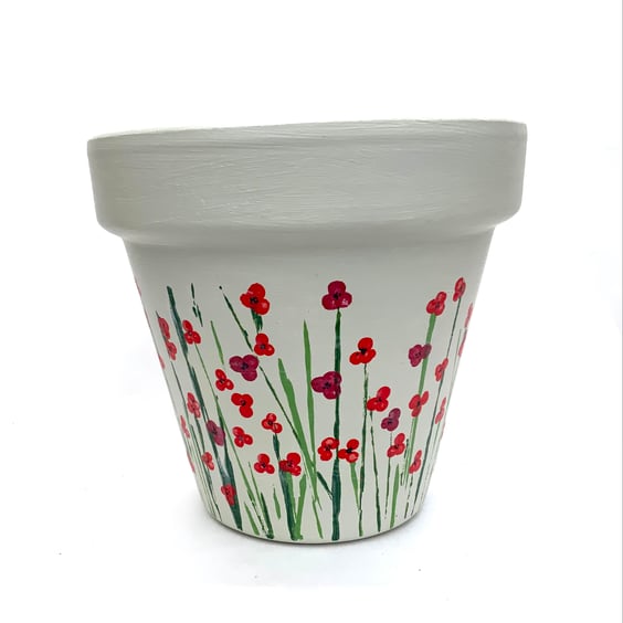 Hand Painted Red Poppies on Cream Terracotta Pot XL
