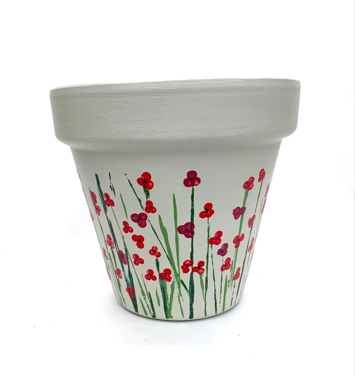 Hand Painted Red Poppies on Cream Terracotta Pot XL