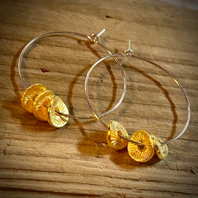 Silver Plated Hoop Earrings with Gold Disc Beads