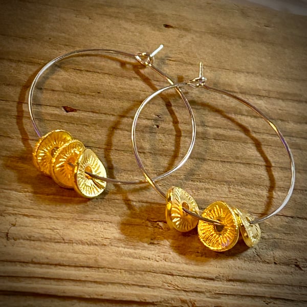 Silver Plated Hoop Earrings with Gold Disc Beads