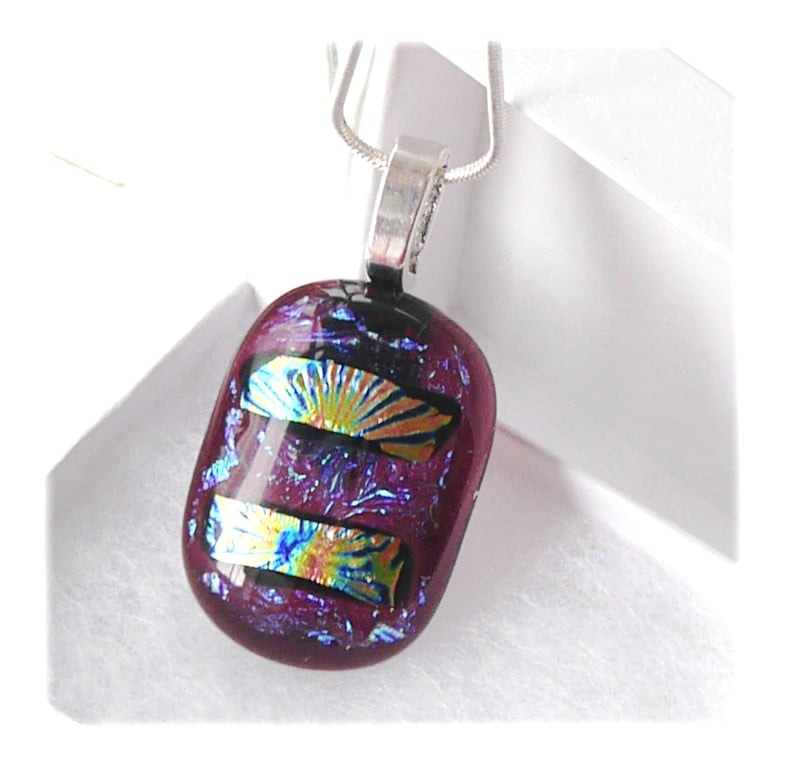 Dichroic Glass Pendant 120 Cranberry Shimmer with silver plated chain