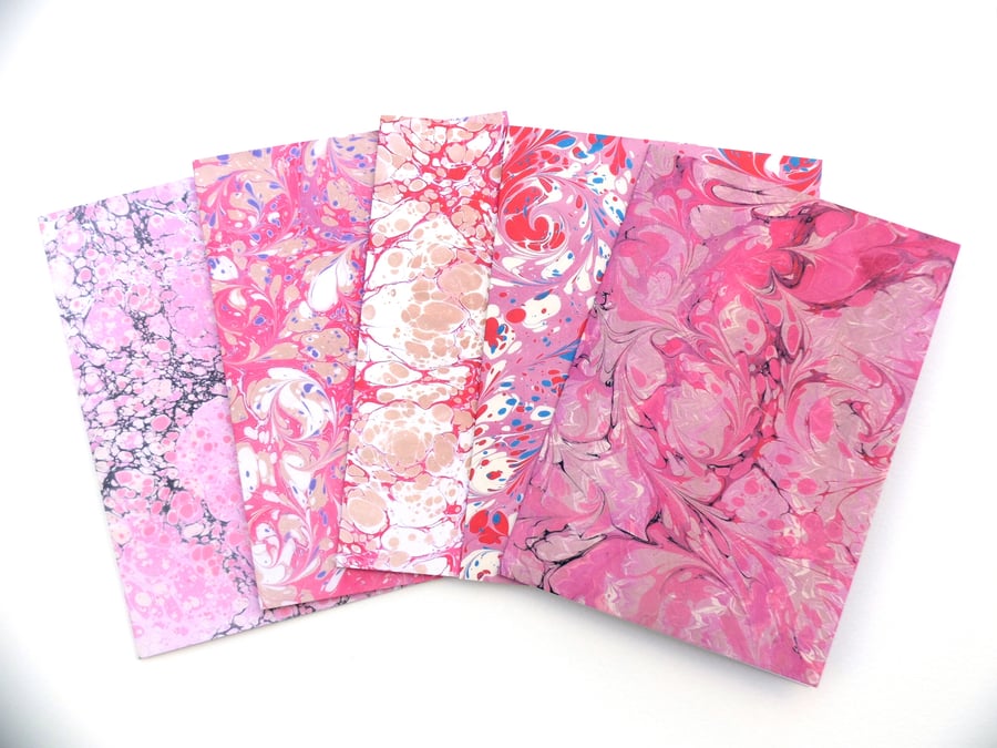 Marbled paper note cards red and pink pack of 5