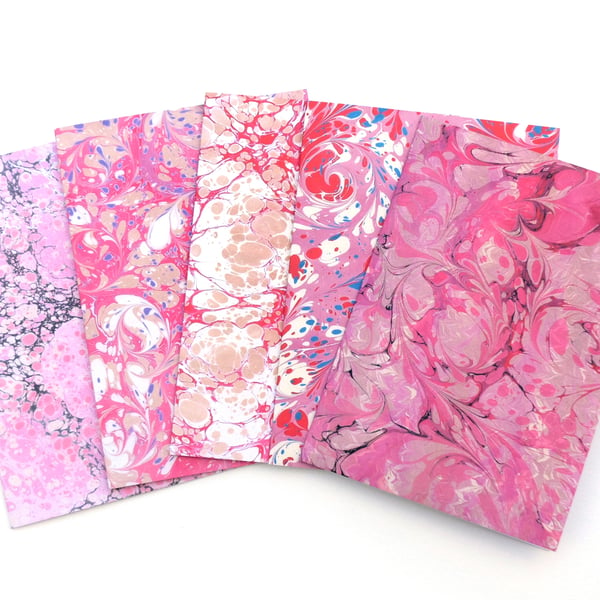 Marbled paper note cards red and pink pack of 5