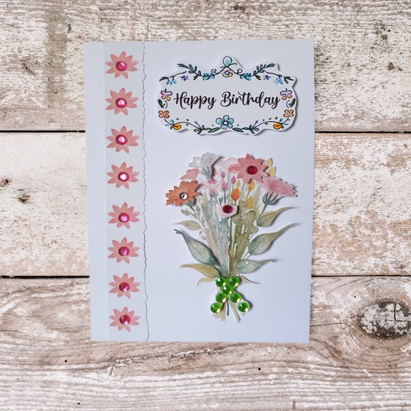 Handmade Floral Birthday Card with a 3d Decoupage Design & Added Gems & Glitter 