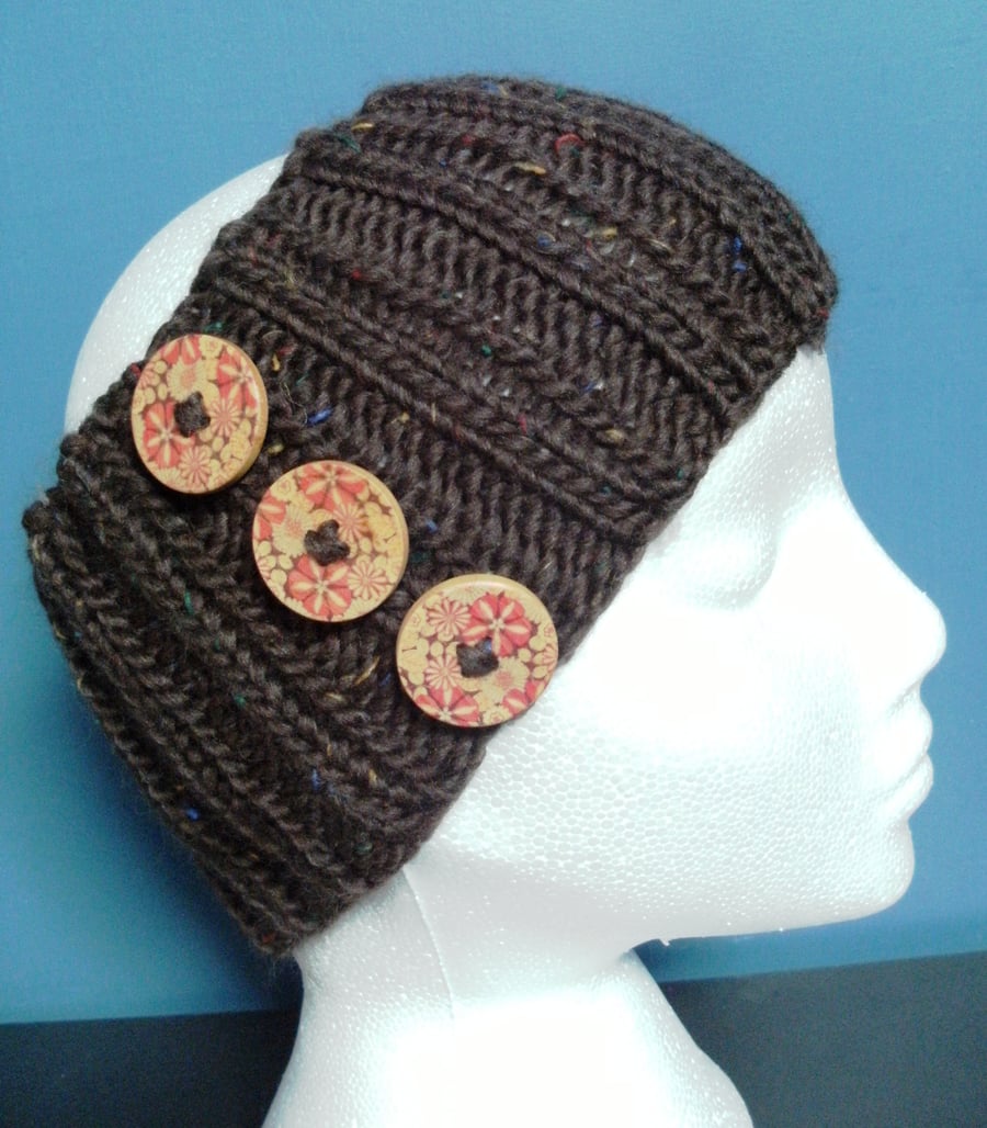 SPECIAL! Hand Knitted Merino Headband in Brown with buttons