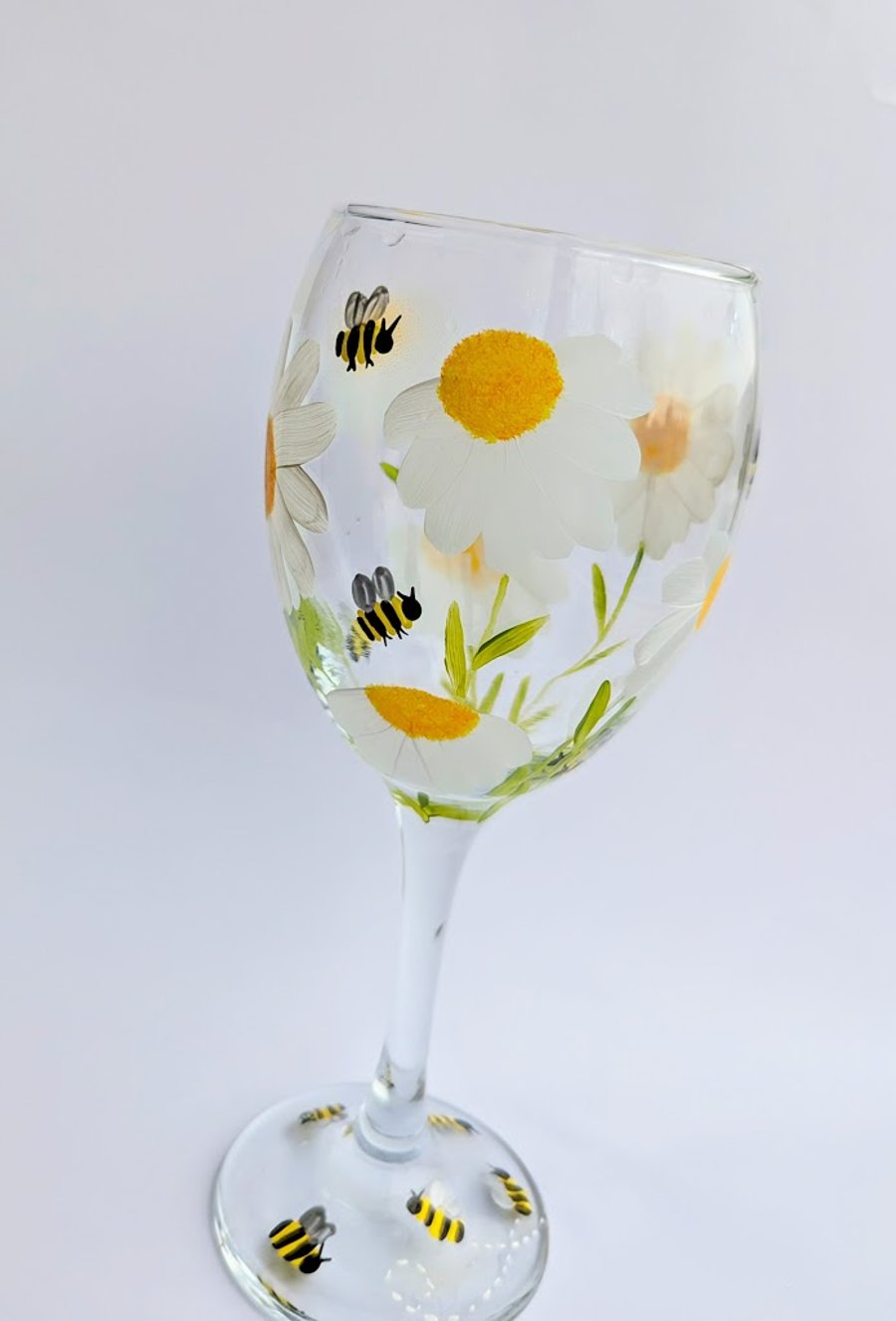 Bespoke Hand Painted Wine Glass: Daisy and Bees