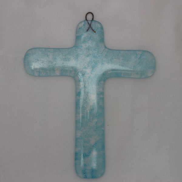 Handmade fused glass wall cross - Living water