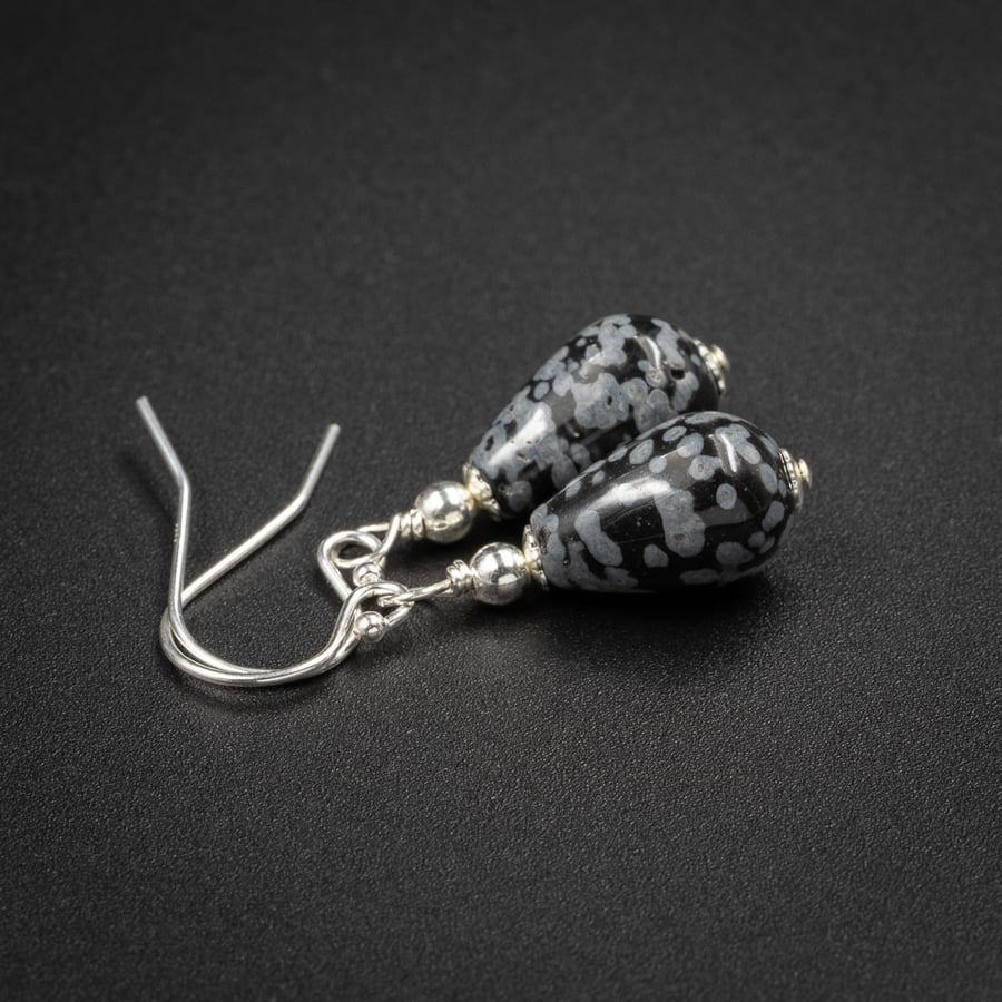 Snowflake obsidian sterling silver handmade black grey earrings : Capricorn gift