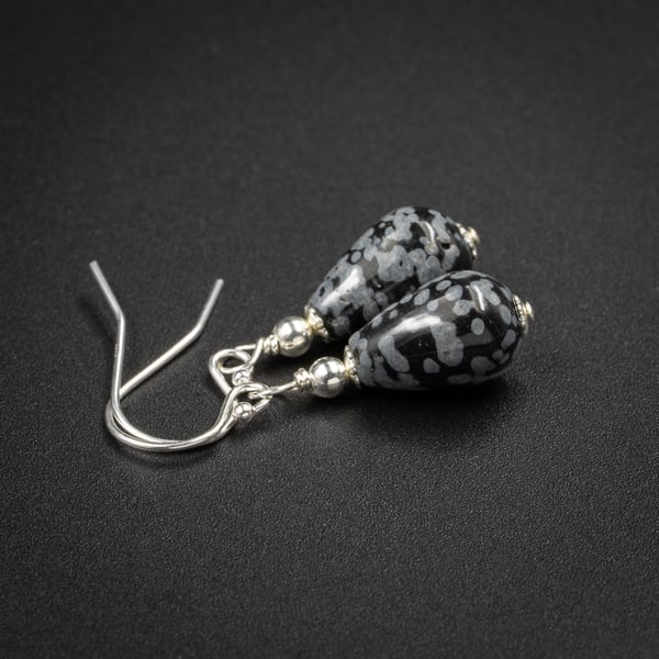 Snowflake obsidian sterling silver handmade black grey earrings : Capricorn gift