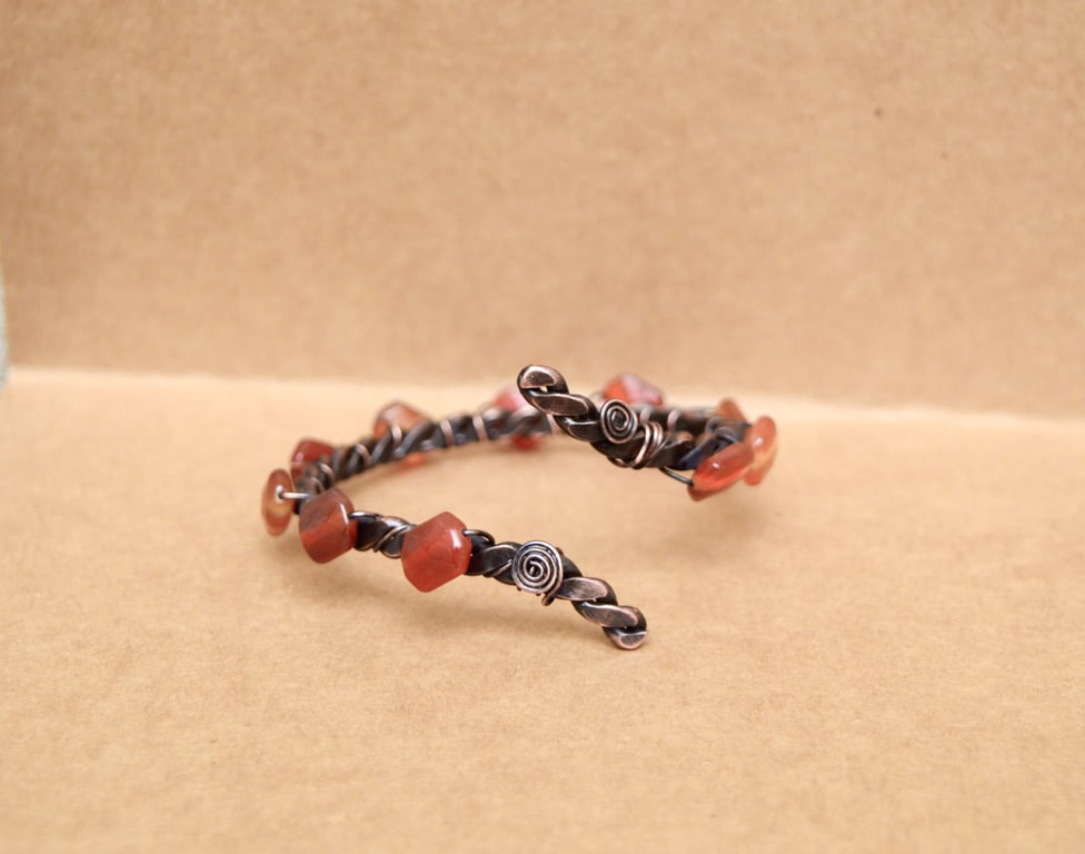 Twisted wire bracelet cuff with burnt orange , amber tones agates