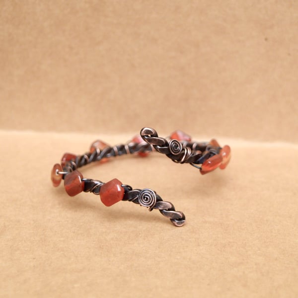 Twisted wire bracelet cuff with burnt orange , amber tones agates