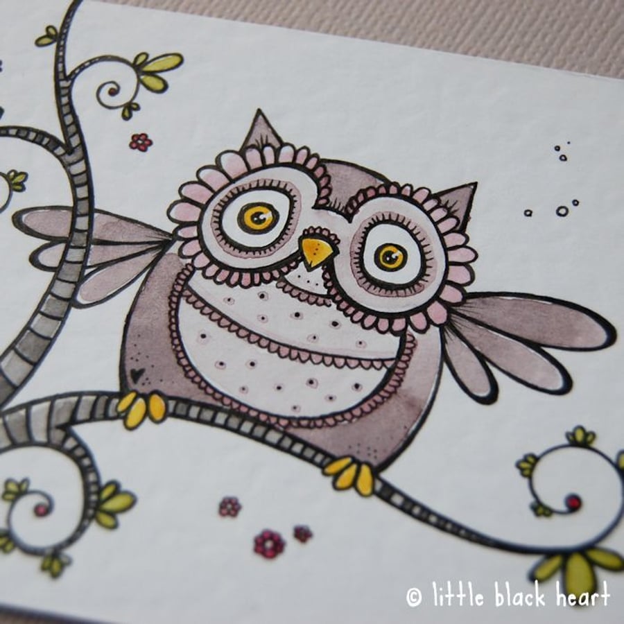 happy owl - original aceo