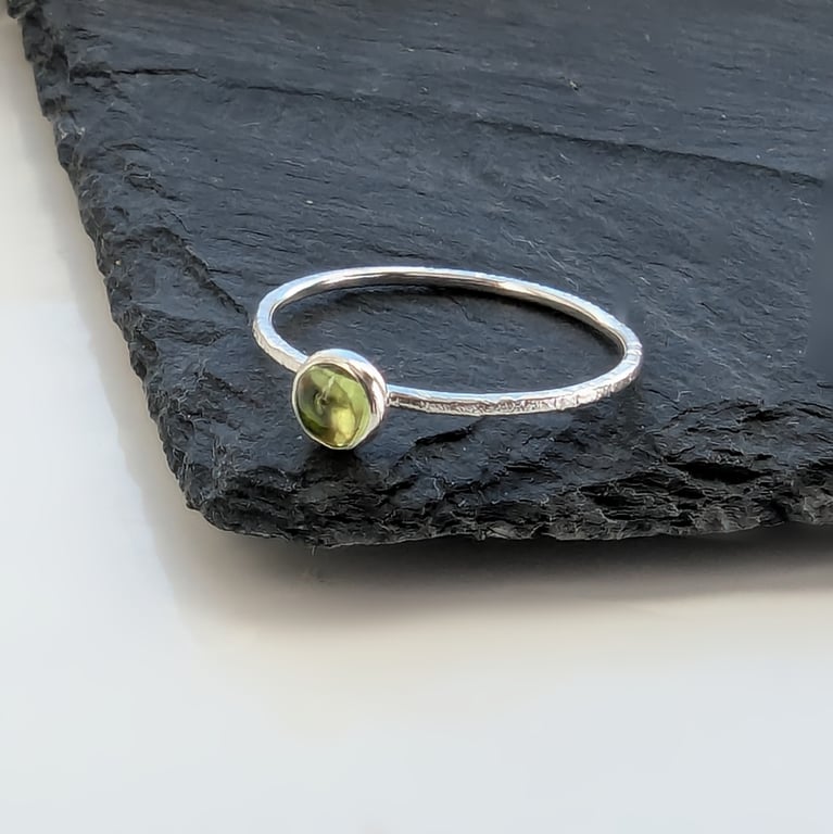 Sterling Silver Skinny Peridot Scratch Ring, Handmade Urban Jewellery Design
