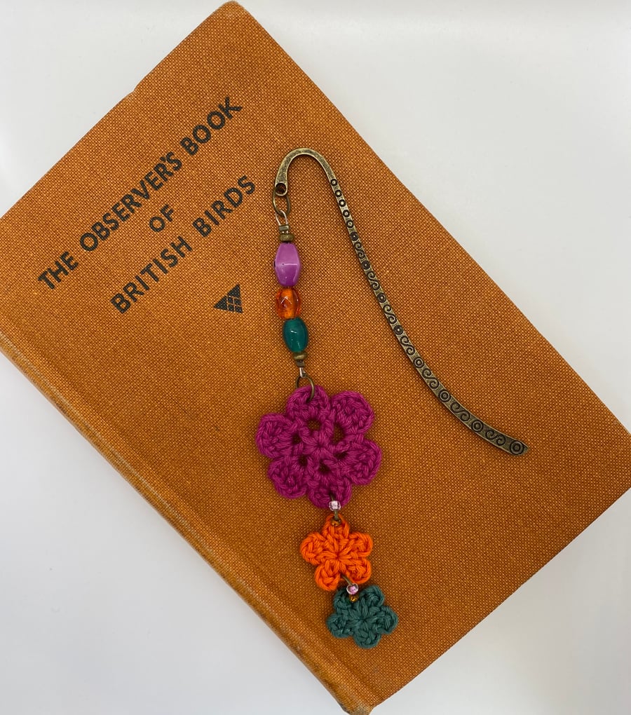 Bookmark with upcycled beads and crocheted flowers, pink, orange & green